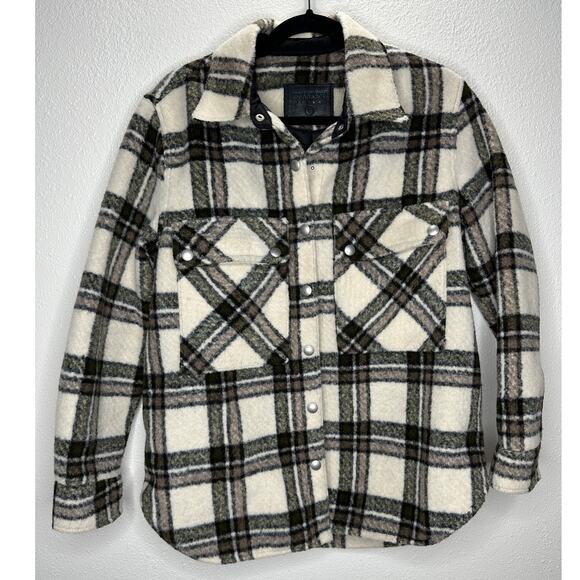 Blank NYC Cream Brown Green Plaid Snap Button Collared Shacket S - Picture 5 of 16